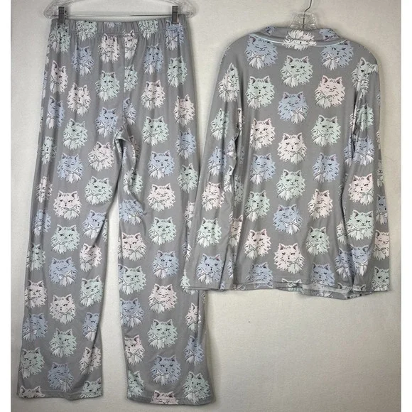Munki Munki Pajama Set XL Gray Pastel Cat Face Bow Print Button Up Super Soft - Picture 2 of 11